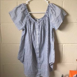 Off the Shoulder Navy Striped Flowy Top